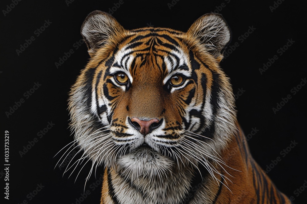 Fototapeta premium A powerful, hyper-realistic portrait of a tiger, staring deeply into the camera. The tiger's vivid stripes and sharp features stand out in contrast to the pitch-black background