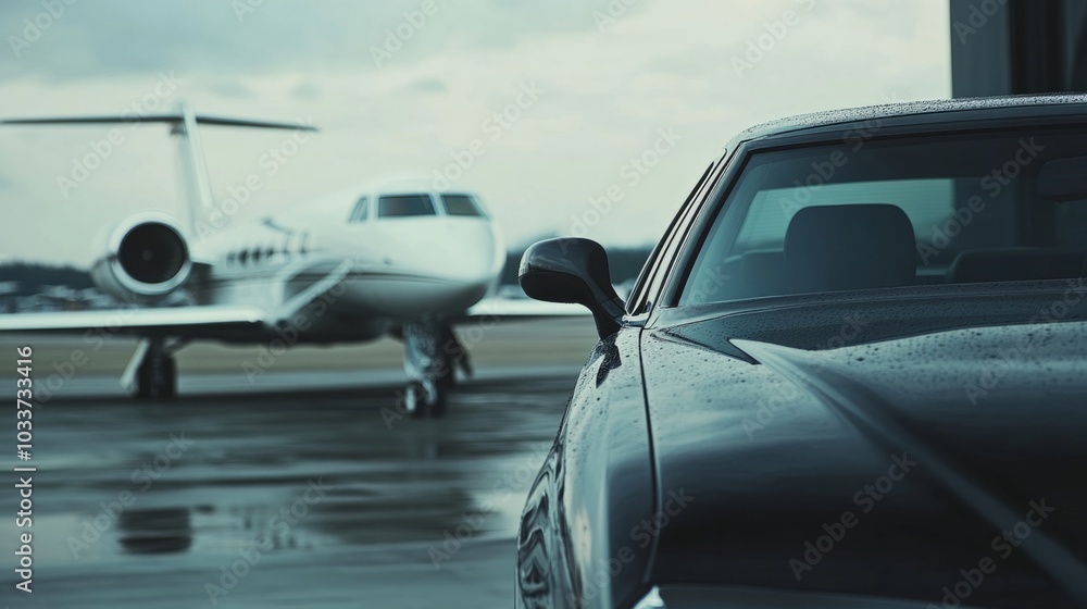 View of black luxury car with private white jet in the background at the airport, private luxury escort View of black luxury car with private white jet in the background at the airport, private luxury escort