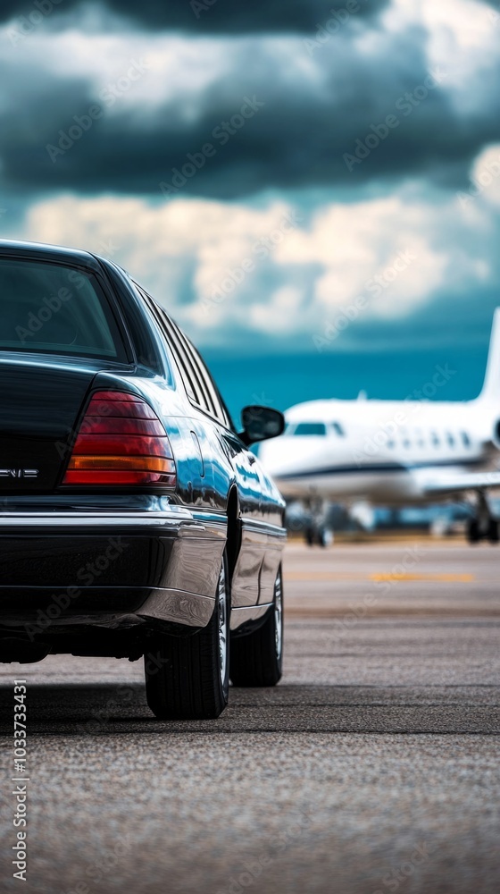 Obraz premium View of black luxury car with private white jet in the background at the airport, private luxury escort