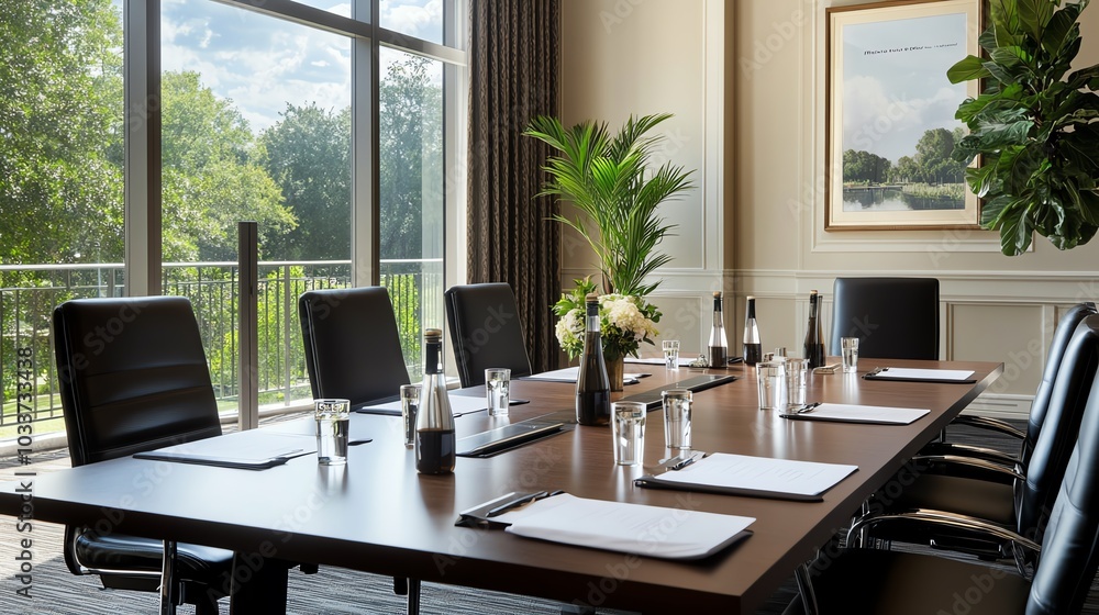 Obraz premium A well-lit conference room with a large window overlooking a green landscape. The room is set for a meeting with chairs, a table, and water glasses.