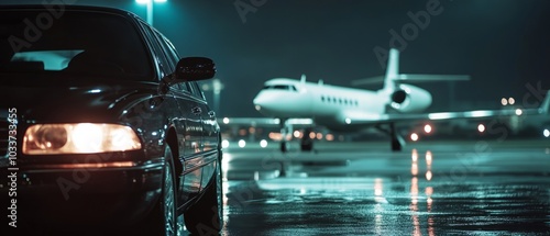 View of black luxury car with private white jet in the background at the airport, private luxury escort