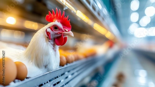 A close-up of a chicken beside freshly laid eggs in a modern poultry farm, highlighting poultry farming and egg production. photo