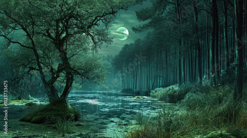 A bright, full moon is shining beautifully through the tall trees in a dark, dense forest, casting shadows and creating a mystical ambiance