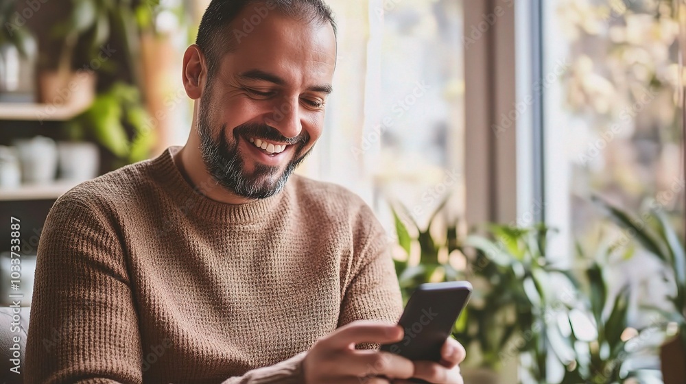 Smiling Man Using Mobile Phone in Cozy Environment Smiling Man Using Mobile Phone in Cozy Environment