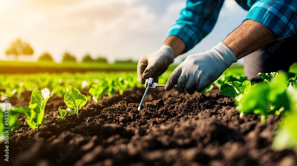 A farmer tending to young plants in a field, showcasing agriculture's vital role in nurturing the environment and growing food. A farmer tending to young plants in a field, showcasing agriculture's vital role in nurturing the environment and growing food.