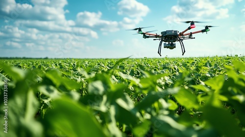 A drone flies over a vibrant green field under a bright blue sky, showcasing modern agriculture technology in action. photo