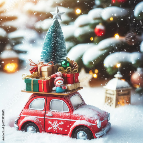 A red car is covered in snow and has a Christmas tree on top