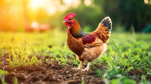 A vibrant chicken foraging on fresh grass in a sunlit field, showcasing natural beauty and rural life.