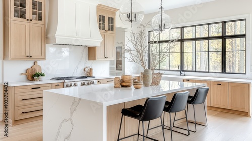 Elegant kitchen featuring natural wood cabinets, marble countertops, and modern stools in a bright, contemporary setting