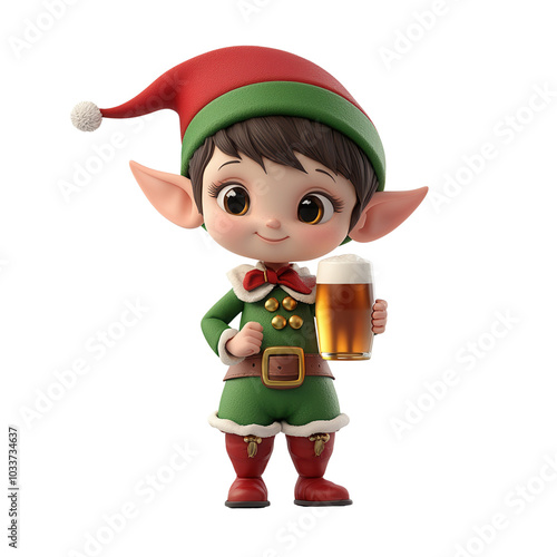 A cheerful elf character holding a beer, dressed in festive green and red attire, perfect for holiday-themed designs.