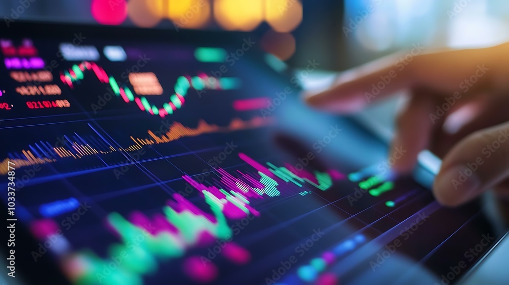 A close-up of stock market data being analyzed on a tablet with charts and financial indicators A close-up of stock market data being analyzed on a tablet with charts and financial indicators
