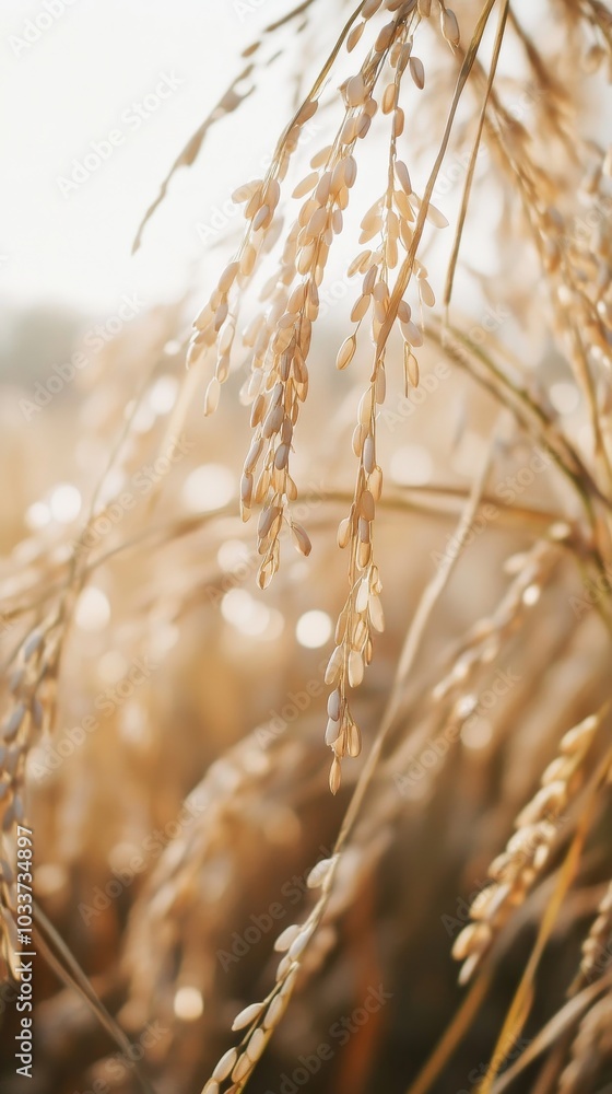 Fototapeta premium An empty scene featuring a blank mockup template framed by a tall stalk of rice hanging vertically, creating an ideal product mockup space, 