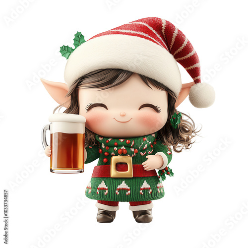 A cheerful elf character in a festive outfit, holding a beer, perfect for holiday and seasonal celebrations.