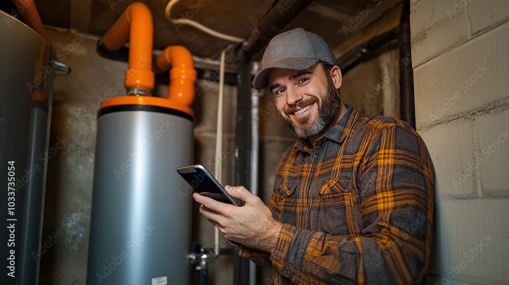 Happy homeowner, plumber, and HVAC technician using a tablet in a basement near the water heater, satisfied with the DIY repair or installation. Happy homeowner, plumber, and HVAC technician using a tablet in a basement near the water heater, satisfied with the DIY repair or installation.