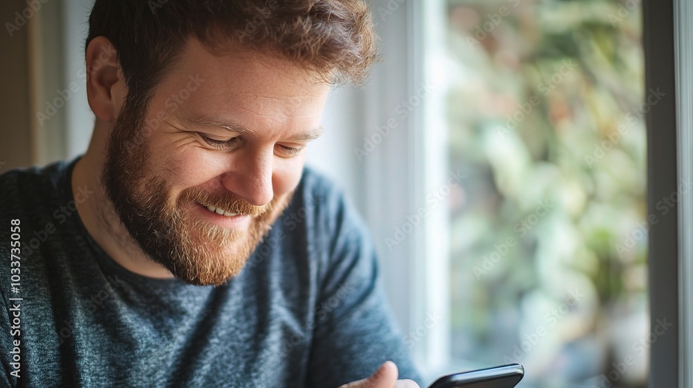 Smiling Man Using Smartphone by the Window Smiling Man Using Smartphone by the Window