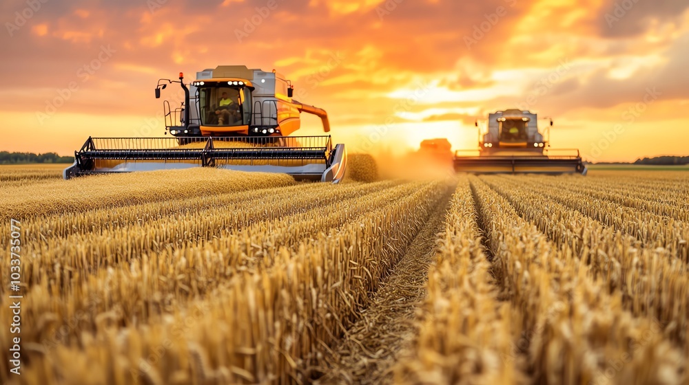Fototapeta premium Two harvesters working at sunset in a wheat field, showcasing the beauty of agriculture and the golden crops.