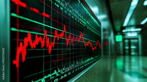 A dynamic chart displaying stock market volatility with red and green lines on a large screen in an office