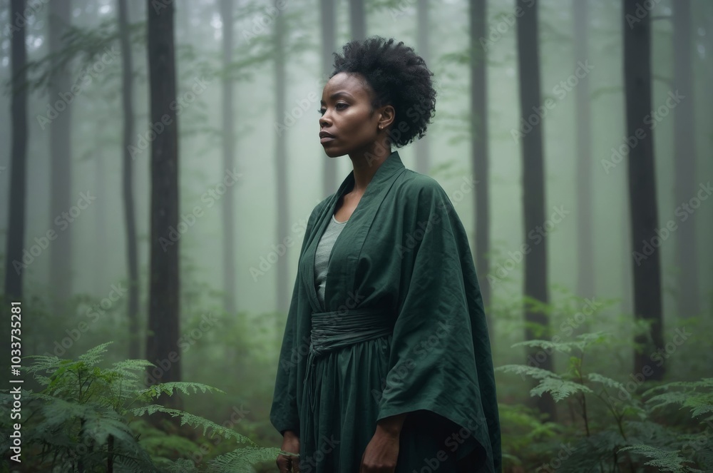 African American woman silhouette in misty forest with serene atmosphere African American woman silhouette in misty forest with serene atmosphere