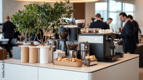 Modern office break room with coffee machine, pastries, and a small plant.  Men in suits stand around the counter.