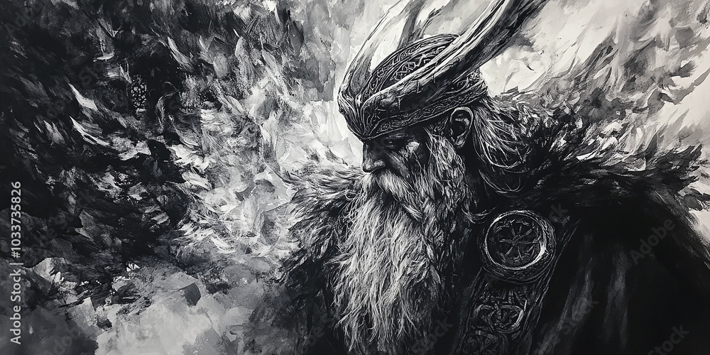 Fehu painting of Odin with black ink strokes, Asgard-inspired, a true masterpiece. Fehu painting of Odin with black ink strokes, Asgard-inspired, a true masterpiece.