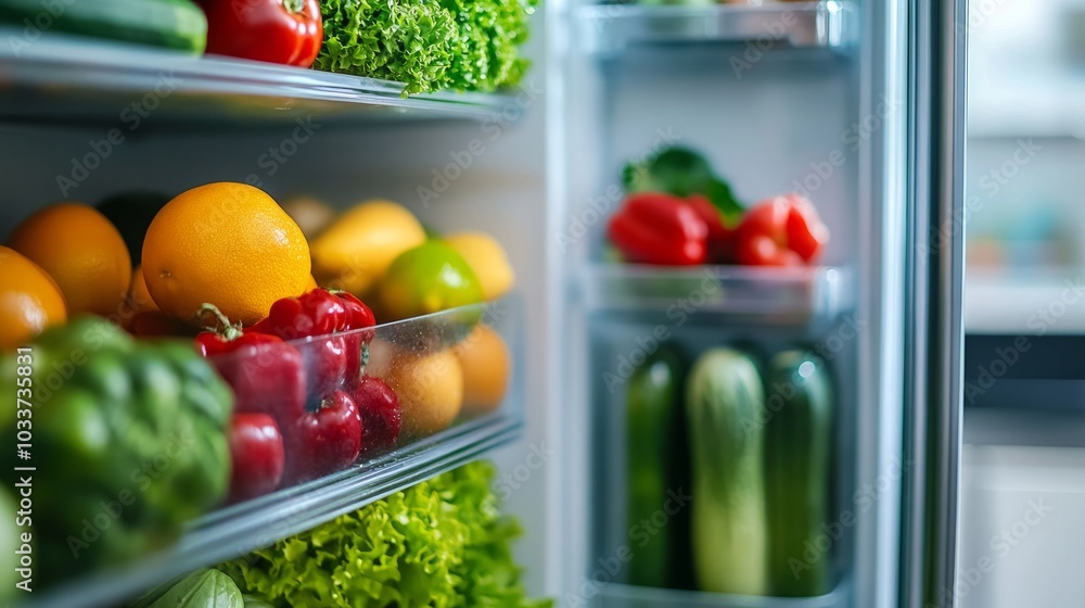 Modern refrigerator with a clear door, showcasing fresh produce inside and enhancing the smart home vibe Modern refrigerator with a clear door, showcasing fresh produce inside and enhancing the smart home vibe