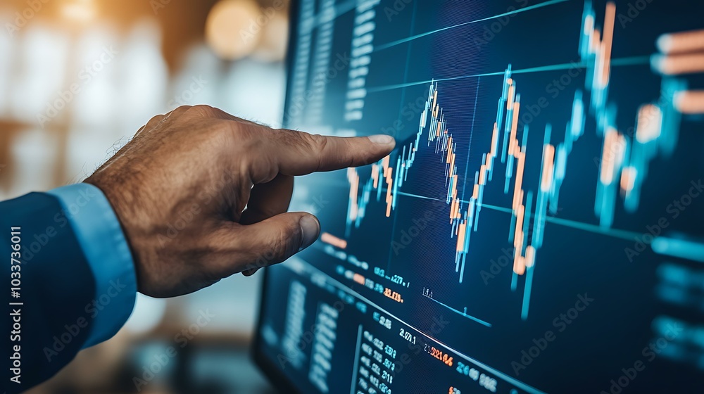 A close-up of a financial advisor’s hand pointing at a stock chart during a presentation A close-up of a financial advisor’s hand pointing at a stock chart during a presentation