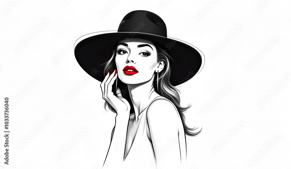 Ffemale portrait wearing a large hat and red lipstick, stylish design, fashion illustration, copy space Ffemale portrait wearing a large hat and red lipstick, stylish design, fashion illustration, copy space