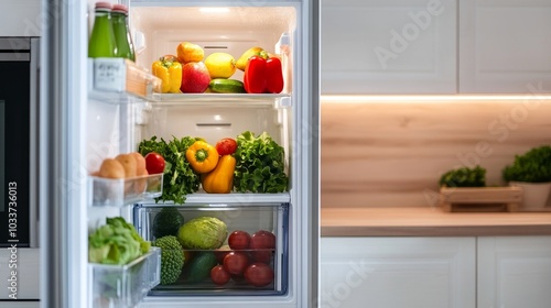 Wallpaper Mural Sleek, minimalist kitchen featuring a smart refrigerator with a clear door full of healthy, colorful produce. Torontodigital.ca