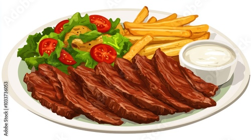 Thin slices of doner kebab meat served with crispy French fries, salad, and yogurt dip sauce on a plate, a delicious meal ready to enjoy.