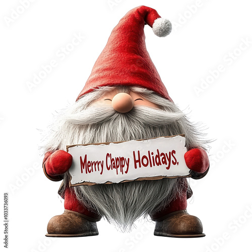 A cheerful gnome holding a holiday sign, spreading joy and festive spirit with a playful message, perfect for seasonal designs.