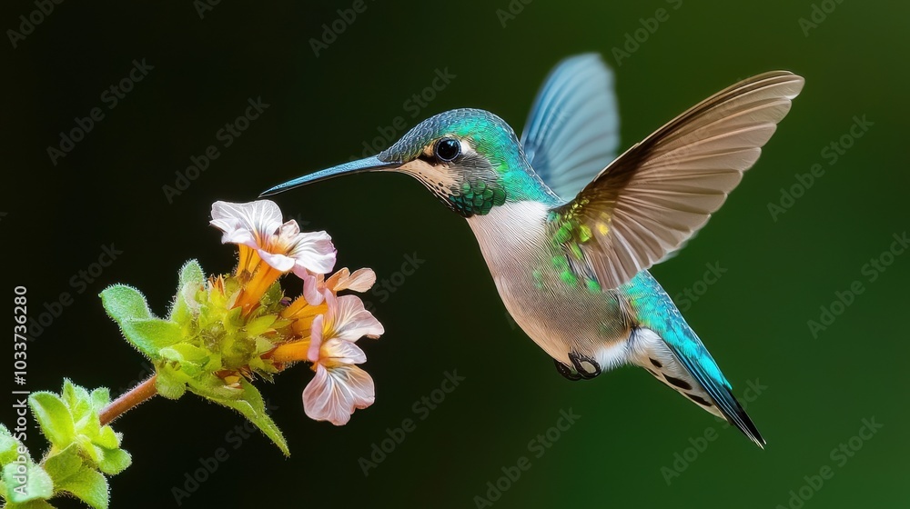 Hummingbird hovering over a flower, vibrant colors against a blurred background. Hummingbird hovering over a flower, vibrant colors against a blurred background.