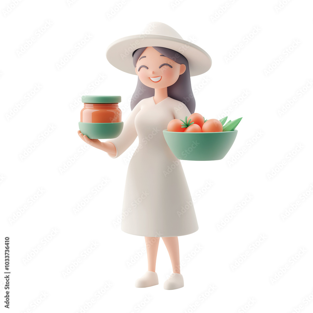 잼과 과일을 든 여자 ,PNG파일