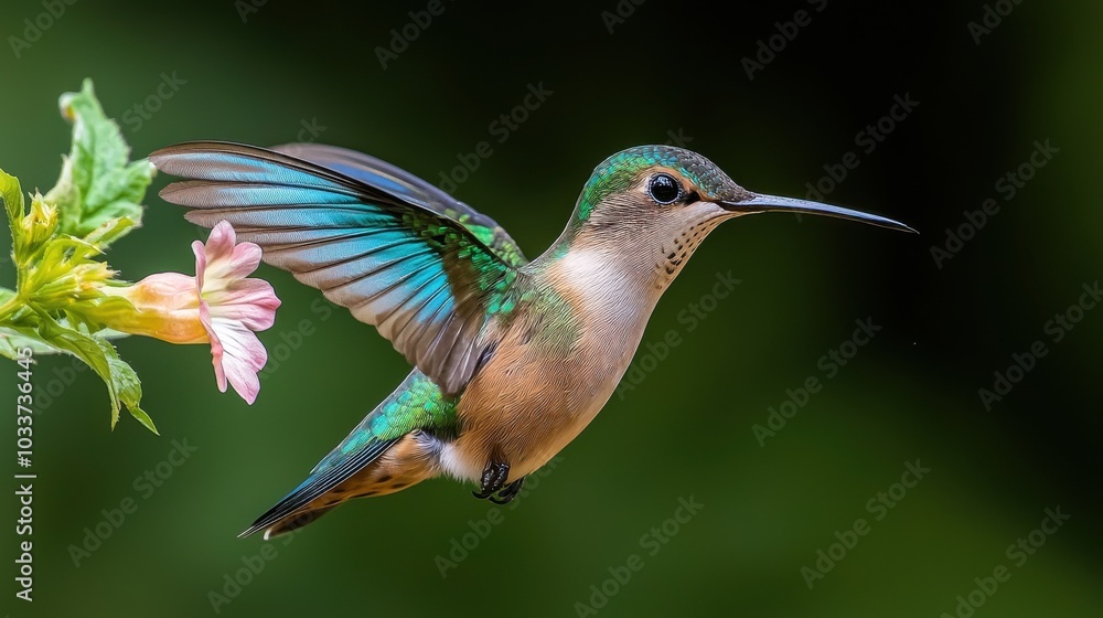 Hummingbird in flight, vibrant colors against a natural background. Hummingbird in flight, vibrant colors against a natural background.