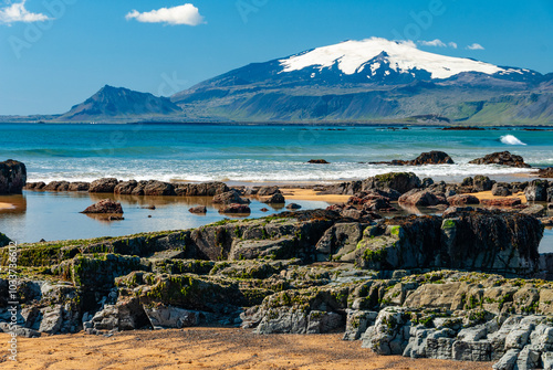 Snæfellsjökull is a 700,000-year-old glacier-capped stratovolcano in western Iceland. It is situated on the westernmost part of the Snæfellsnes peninsula.  Iceland. photo