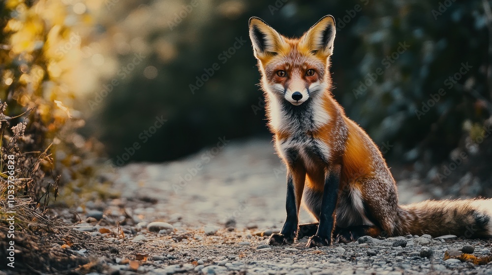 Fototapeta premium Red Fox Sitting on a Forest Path