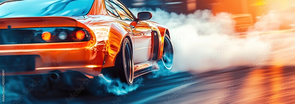 Fototapeta premium car performing drifts with smoke billowing from the wheels, motion blur, a sports car, high speed
