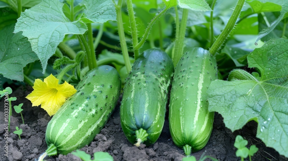 Obraz premium Green cucumber grows on the bed in the greenhouse, selective focus, Generative AI,