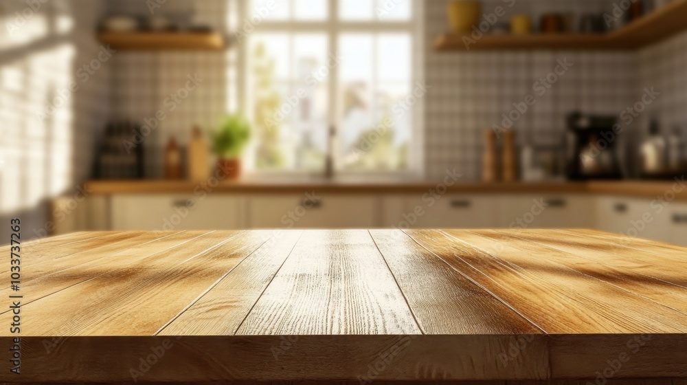 Wooden desk space in focus with a bright, modern kitchen in the background, ideal for home or kitchen-related product displays or promotions. Wooden desk space in focus with a bright, modern kitchen in the background, ideal for home or kitchen-related product displays or promotions.