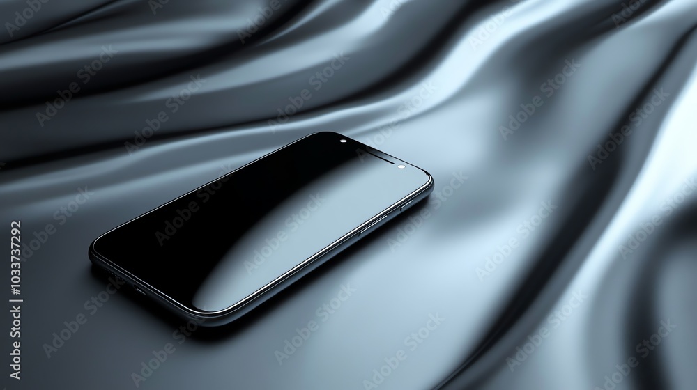 A black smartphone lays on a grey fabric. A black smartphone lays on a grey fabric.