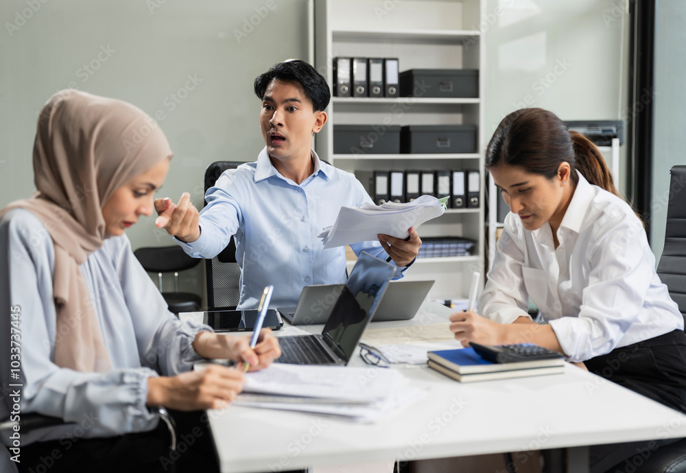 Angry boss blames sad female employee for incompetence computer error in office. Angry boss blames sad female employee for incompetence computer error in office.