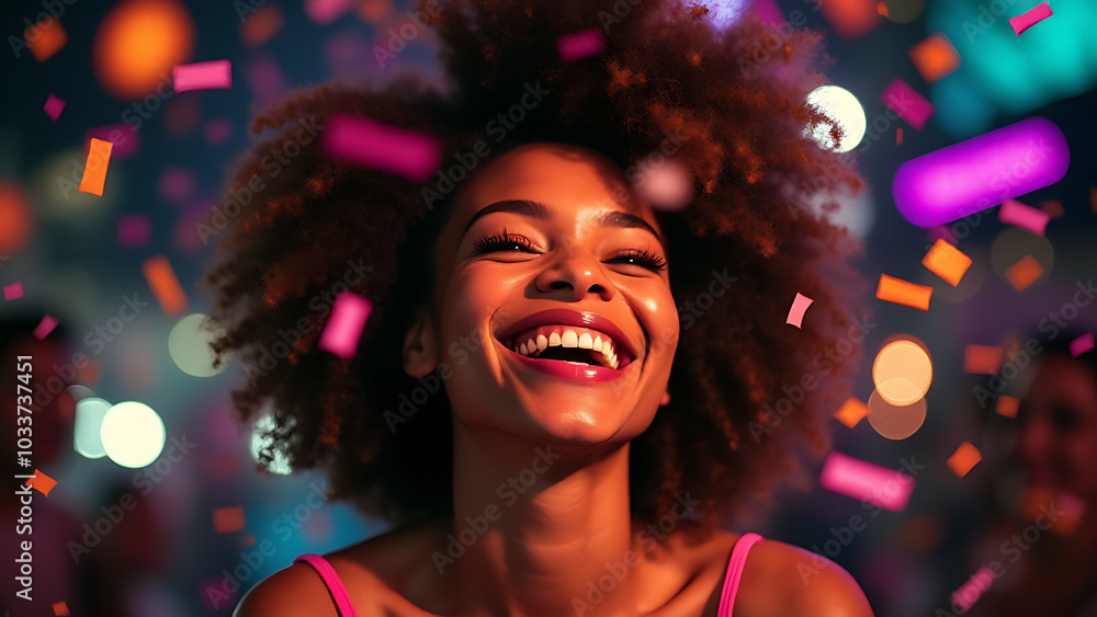 A vibrant image of a happy African American woman beaming with joy while surrounded by colorful confetti on New Year's Eve celebration night. A vibrant image of a happy African American woman beaming with joy while surrounded by colorful confetti on New Year's Eve celebration night.