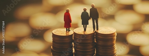 Elderly couple standing on stacks of coins, symbolizing the concept of financial security for elderly people