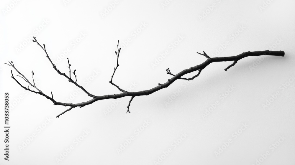 A thin branch with no leaves is hanging from a wall A thin branch with no leaves is hanging from a wall