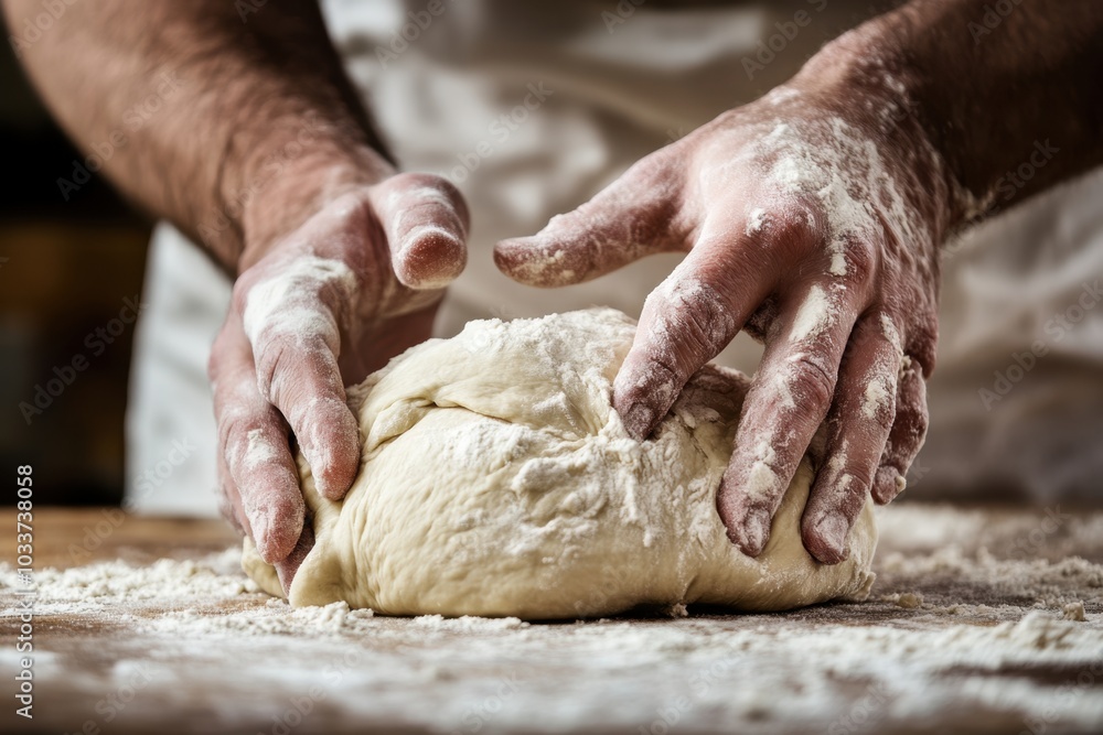 A close-up of a baker's hands kneading dough on a wooden table, with blank space for text. Ideal for commercial use in highlighting the craftsmanship of baking. A close-up of a baker's hands kneading dough on a wooden table, with blank space for text. Ideal for commercial use in highlighting the craftsmanship of baking.