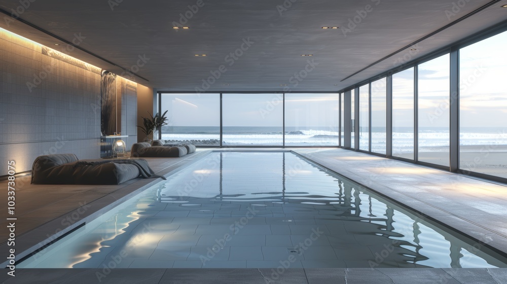 Modern indoor pool featuring sleek, clean lines and large windows overlooking a beach view Modern indoor pool featuring sleek, clean lines and large windows overlooking a beach view