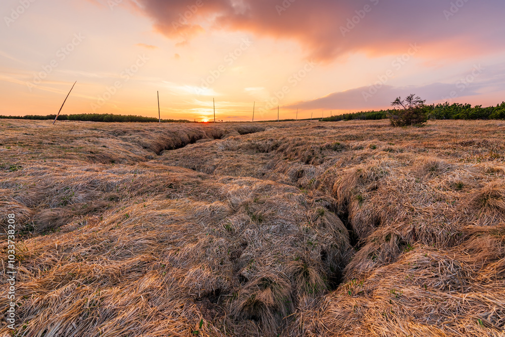 Source of the Elbe river in the Krkonose mountains in Czechia during sunset.