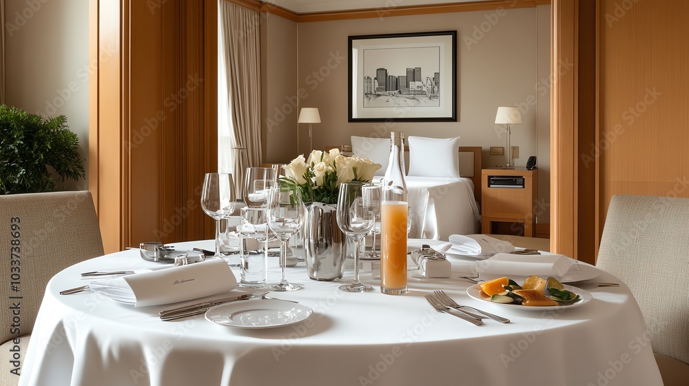 A beautifully set table in a luxurious dining room with a view of a bedroom. A beautifully set table in a luxurious dining room with a view of a bedroom.
