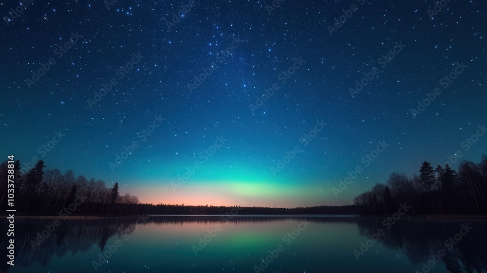 A stunning night sky reflected on a serene lake, showcasing vibrant auroras and countless stars in a tranquil landscape.