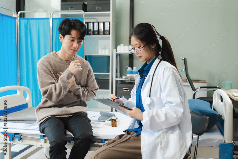 Obraz premium Doctor consulting patient filling form at consultation, talking to patient filling signing medical paper at appointment visit in clinic.