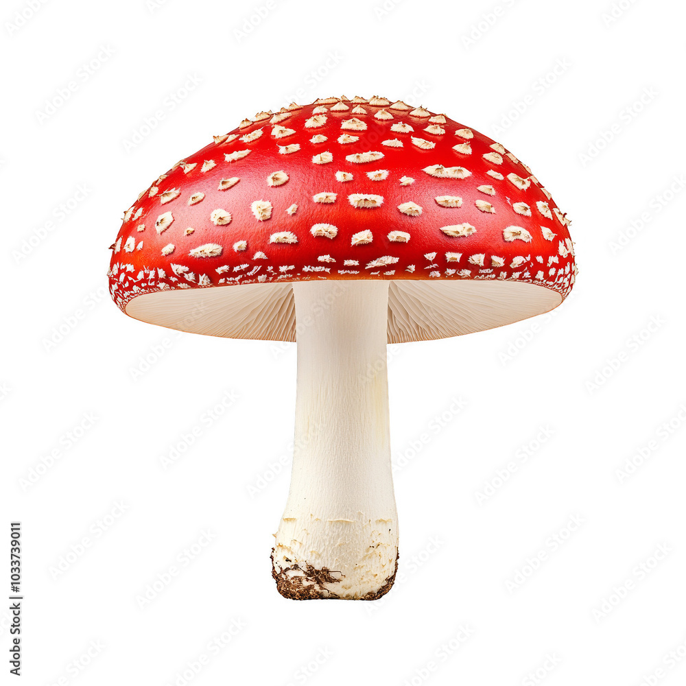 A vibrant red mushroom with white spots on a white isolated background. A vibrant red mushroom with white spots on a white isolated background.